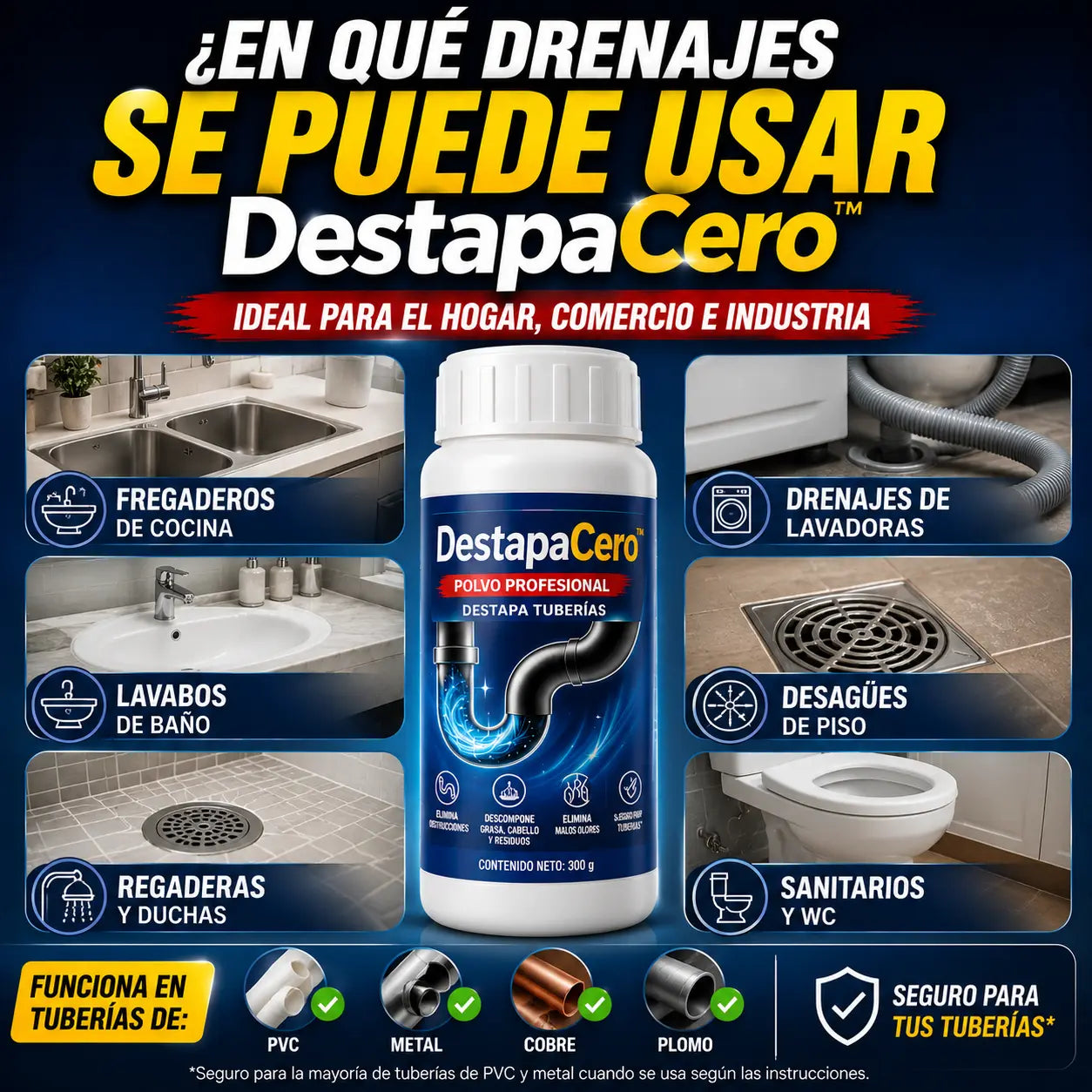 DESTAPACERO-Polvo Para Destapar Drenaje 3x1