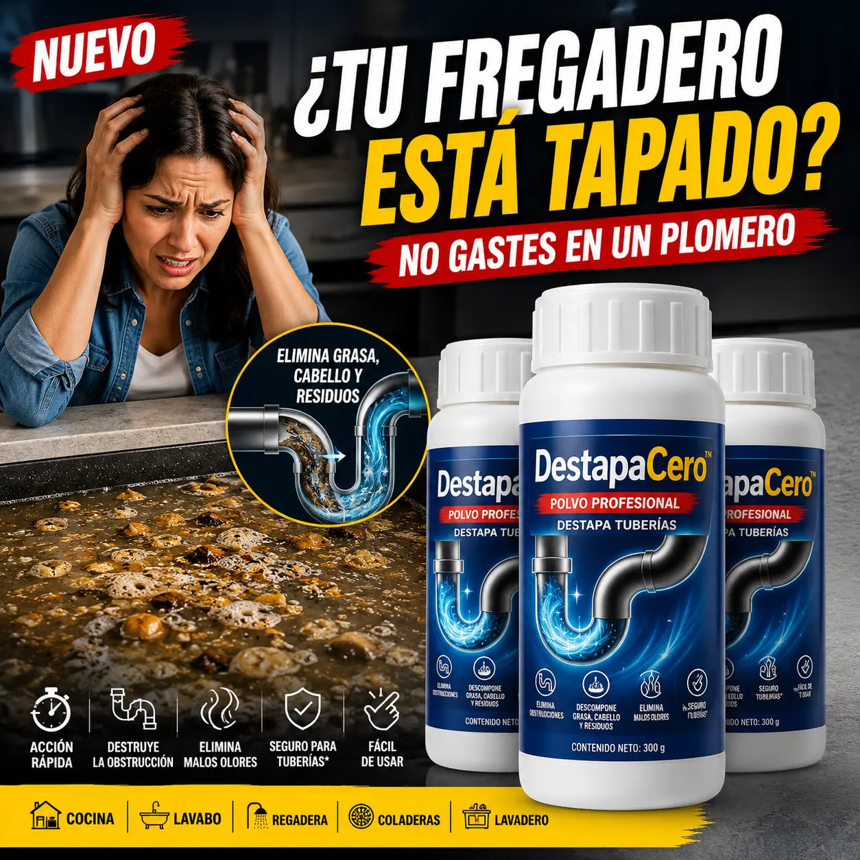 DESTAPACERO-Polvo Para Destapar Drenaje 3x1
