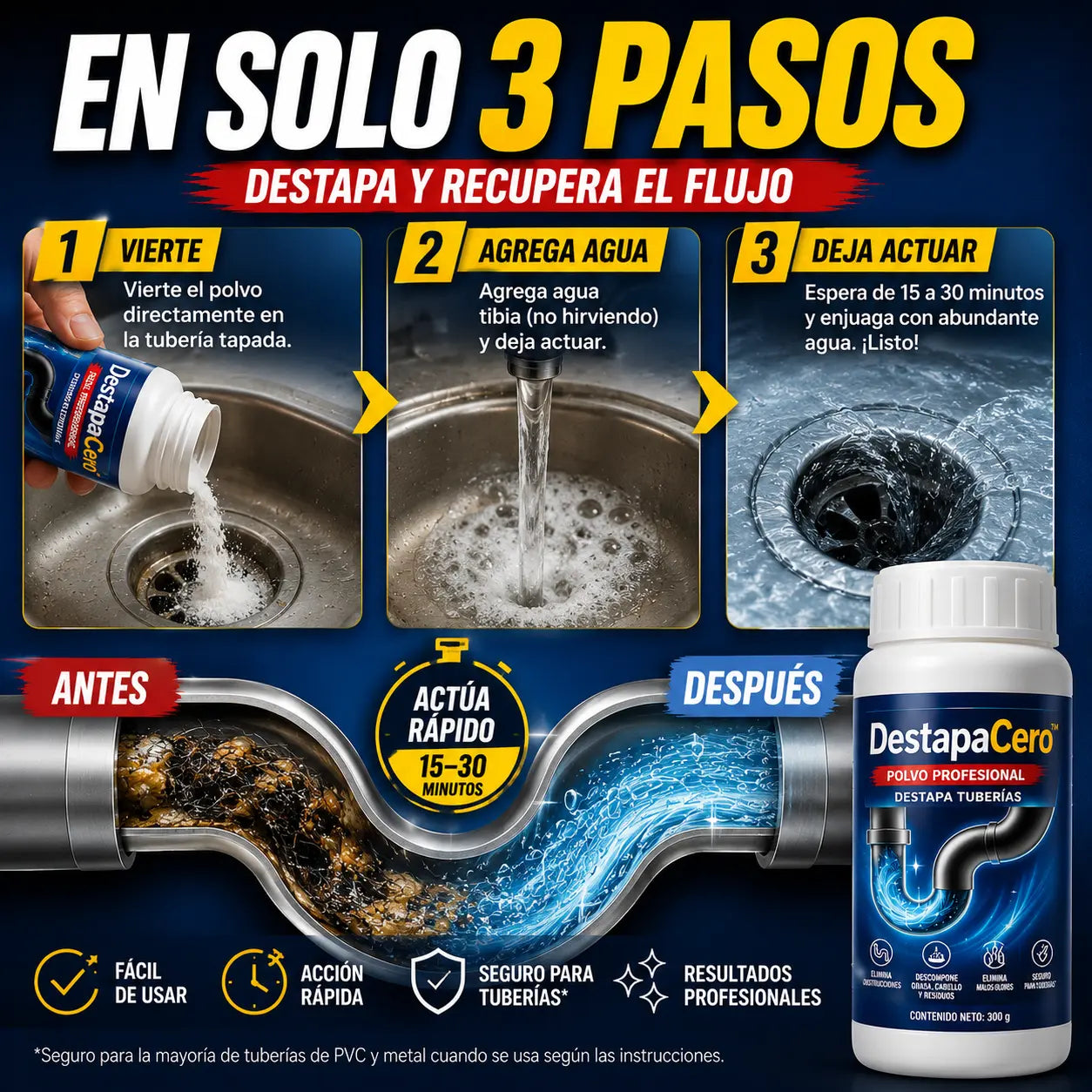 DESTAPACERO-Polvo Para Destapar Drenaje 3x1