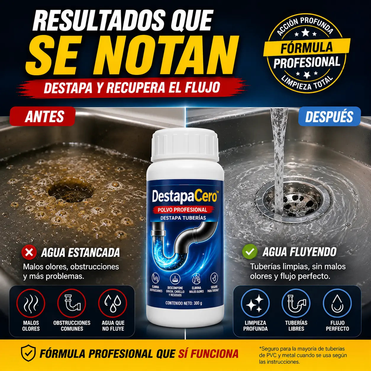 DESTAPACERO-Polvo Para Destapar Drenaje 3x1